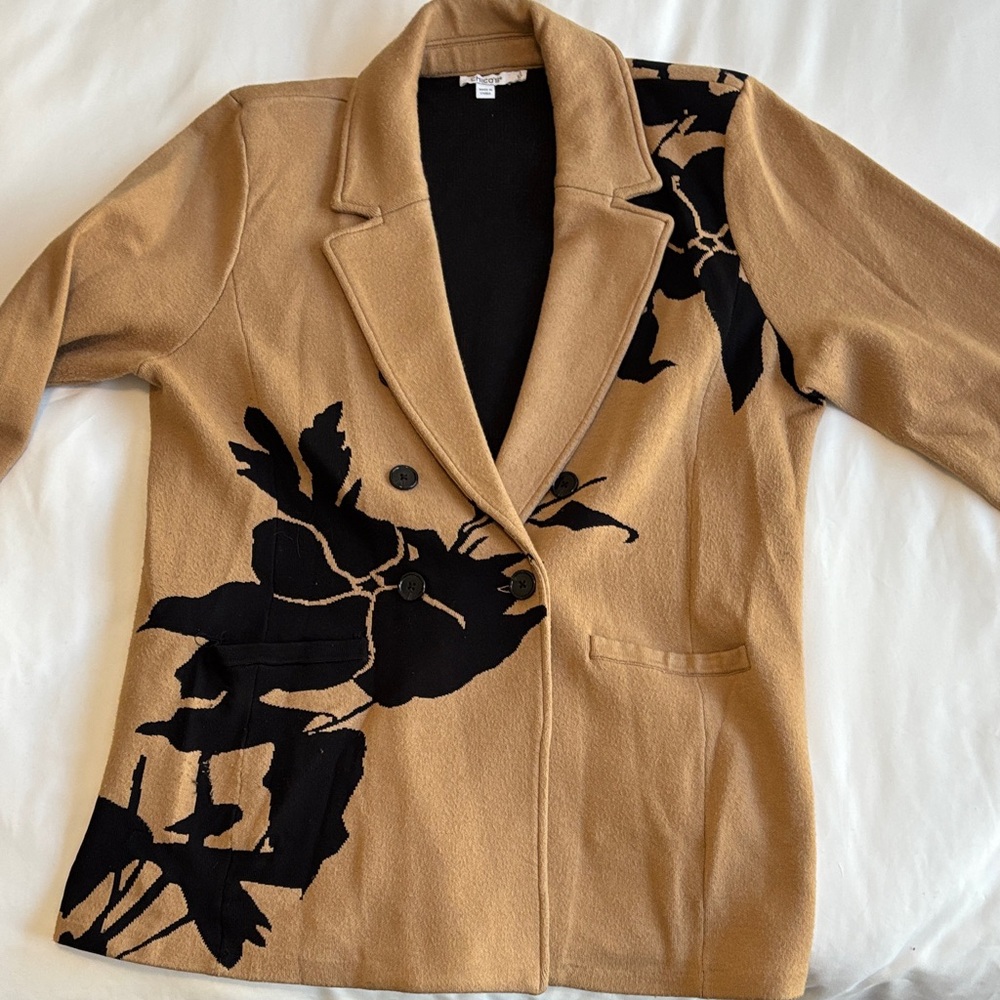 Chico's Camel Blazer with Black Floral Pattern